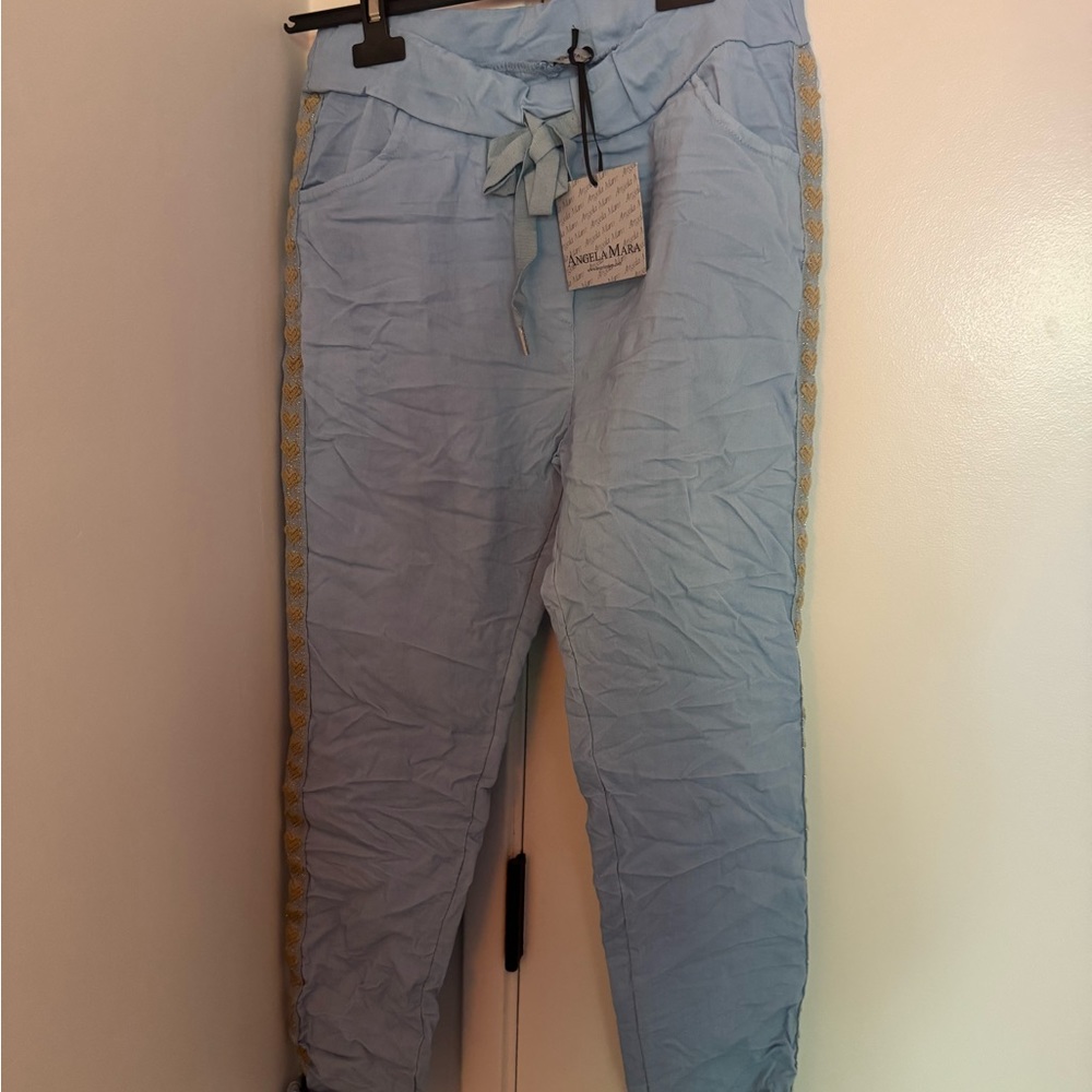 Angela Mara Light Blue Pants with Gold Accents